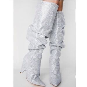 Dolls Kill rhinestone scrunch knee high heeled boot